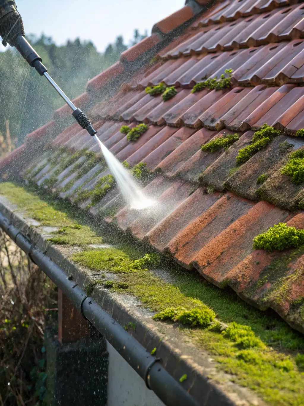 A close-up of a roof being gently cleaned with the soft wash technique, demonstrating the care and precision Grime Off provides.