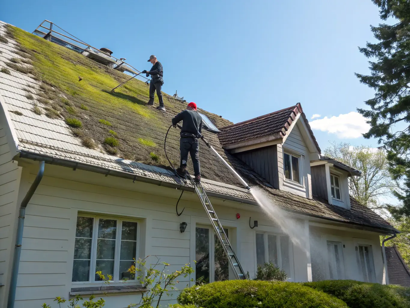 A residential roof being gently cleaned with soft wash equipment, demonstrating the safe and effective cleaning process.