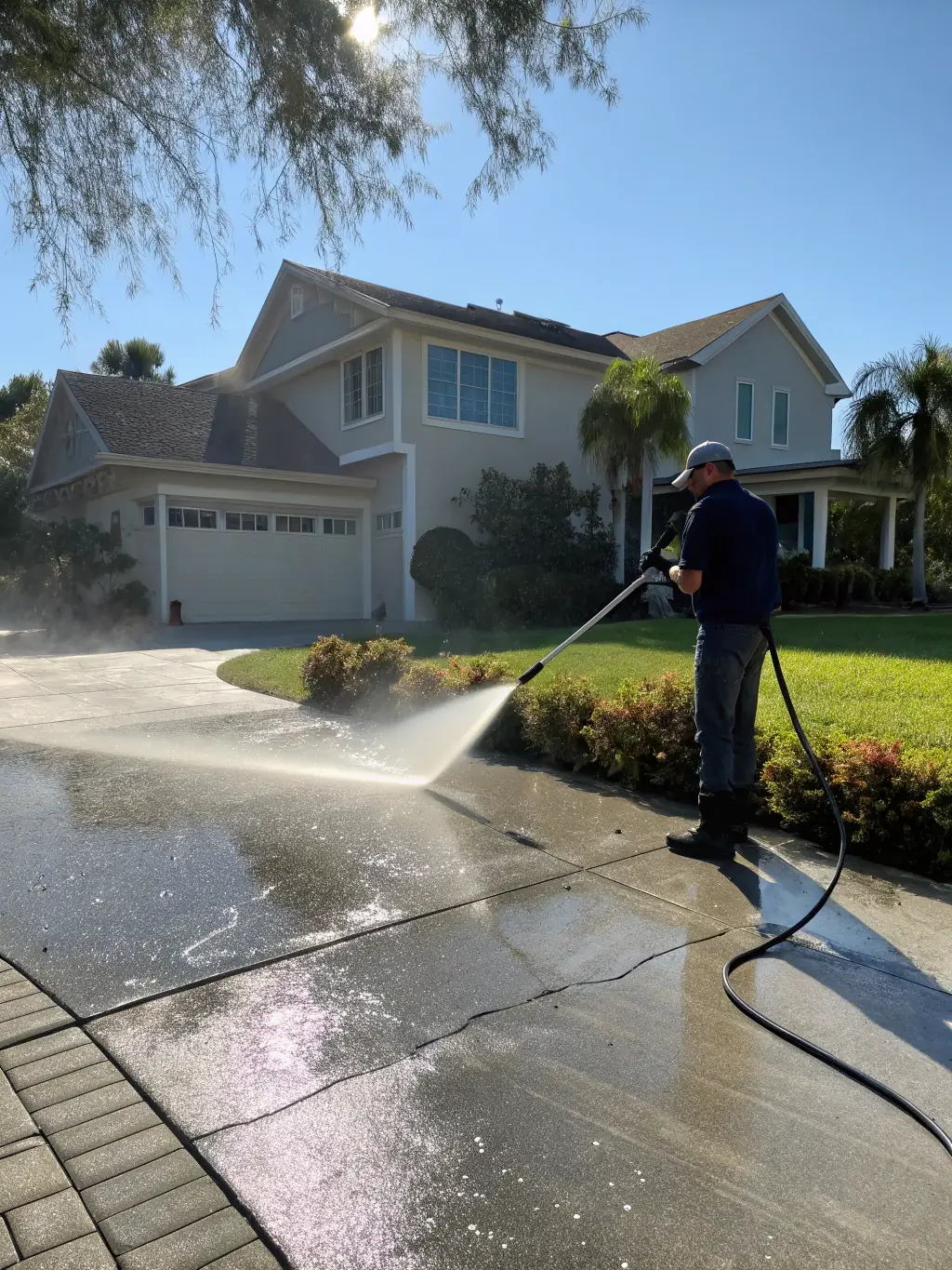 A professional technician using a pressure washer on a residential driveway, with water spray and clean surface visible, showcasing Grime Off Pressure Washing's pressure washing service.