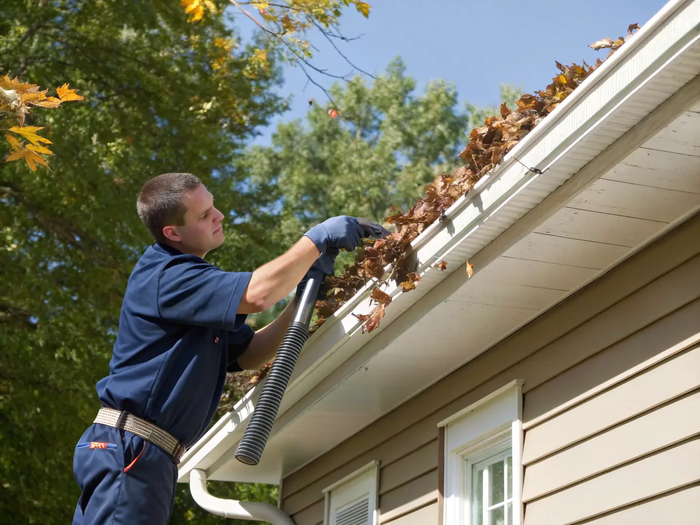 A residential gutter system being cleared of leaves and debris, highlighting the importance of proper drainage.