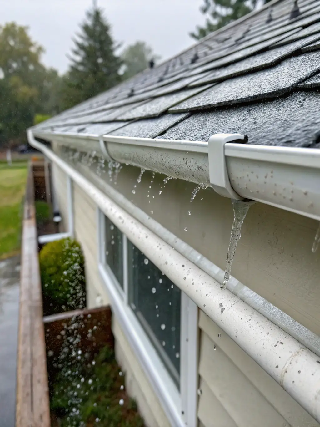 A clear, clean gutter system after Grime Off's gutter cleaning service, preventing water damage and ensuring proper drainage.