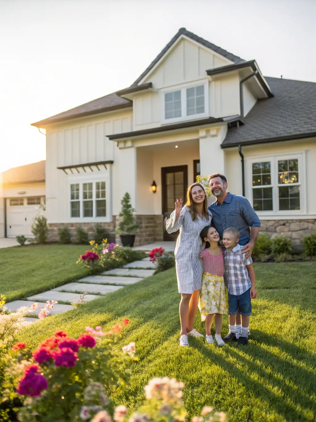 A family smiling in front of their newly pressure-washed home in Inverness, FL, showcasing the happy results of Grime Off's services.