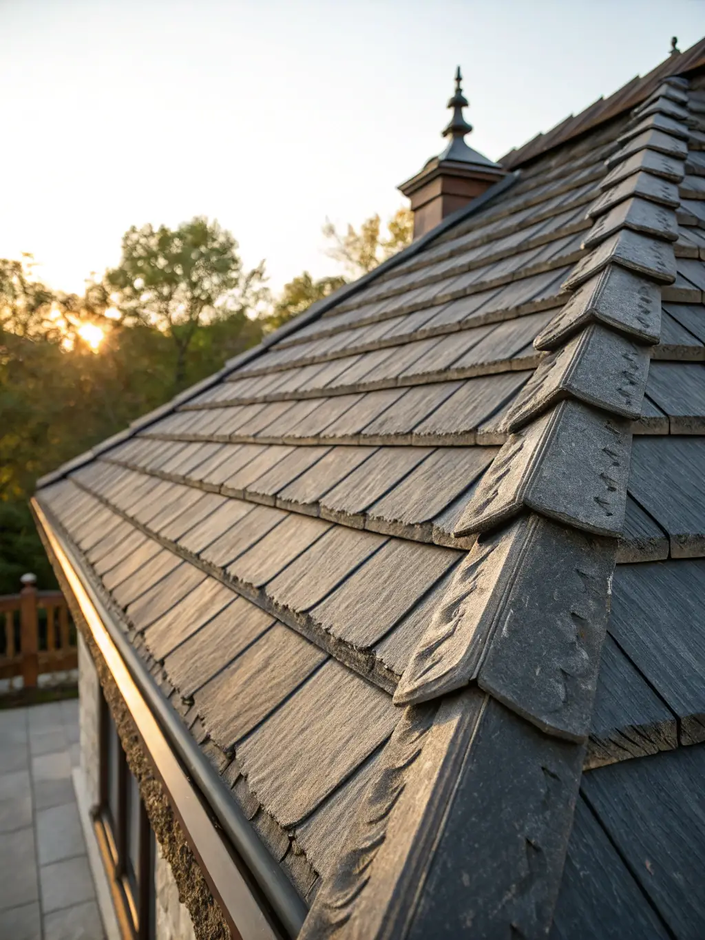 Close-up of a clean, moss-free roof with sunlight highlighting the surface, showcasing Grime Off Pressure Washing's roof cleaning service.