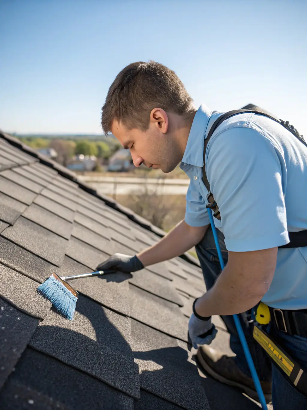A technician applying soft wash solution to a residential roof, with a clean, bright roof in the background, demonstrating Grime Off Pressure Washing's soft wash technique.